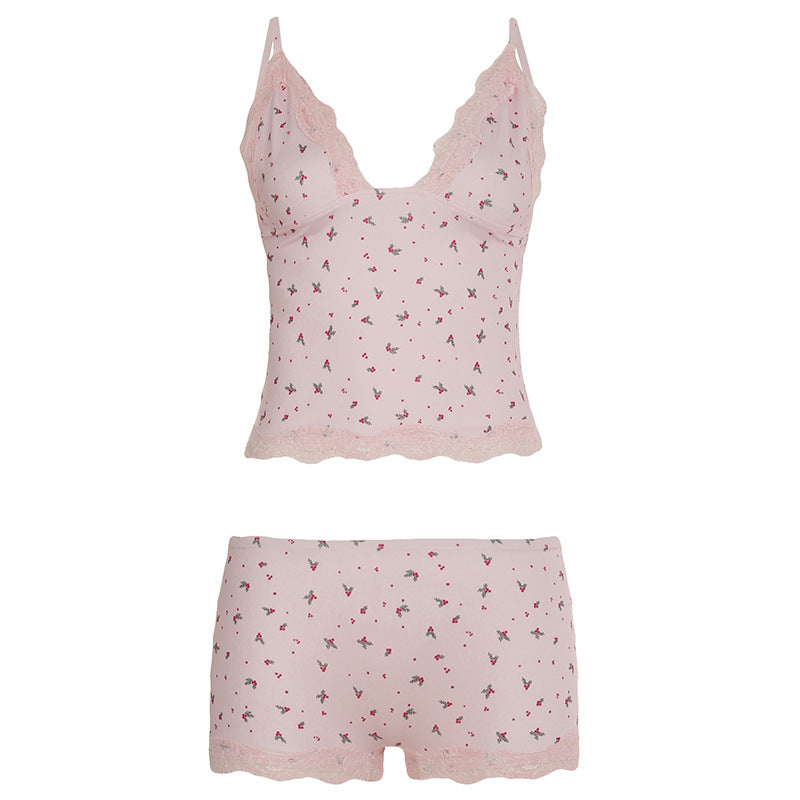 Damen Nachtwäsche-Set mit zarten Spitzenakzenten und floralem Print Drune