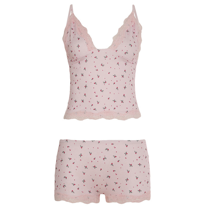 Damen Nachtwäsche-Set mit zarten Spitzenakzenten und floralem Print Drune