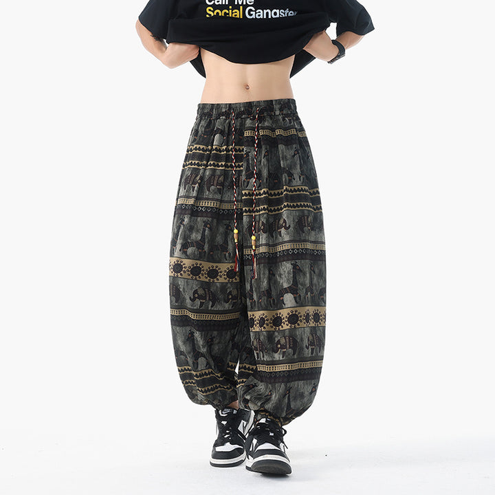 Damen nan lässige Pluderhose im Ethno-Print mit elastischem Bund, Kordelzug und gesmokten Bündchen Drune