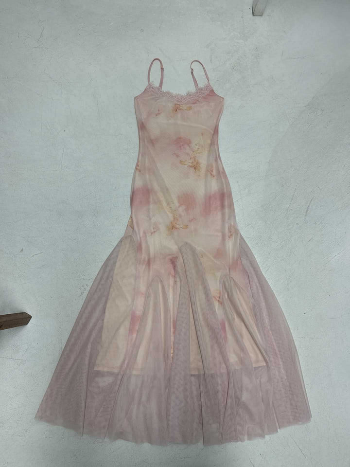 Damen elegantes Maxikleid aus transparenter Spitze und floralem Design Drune