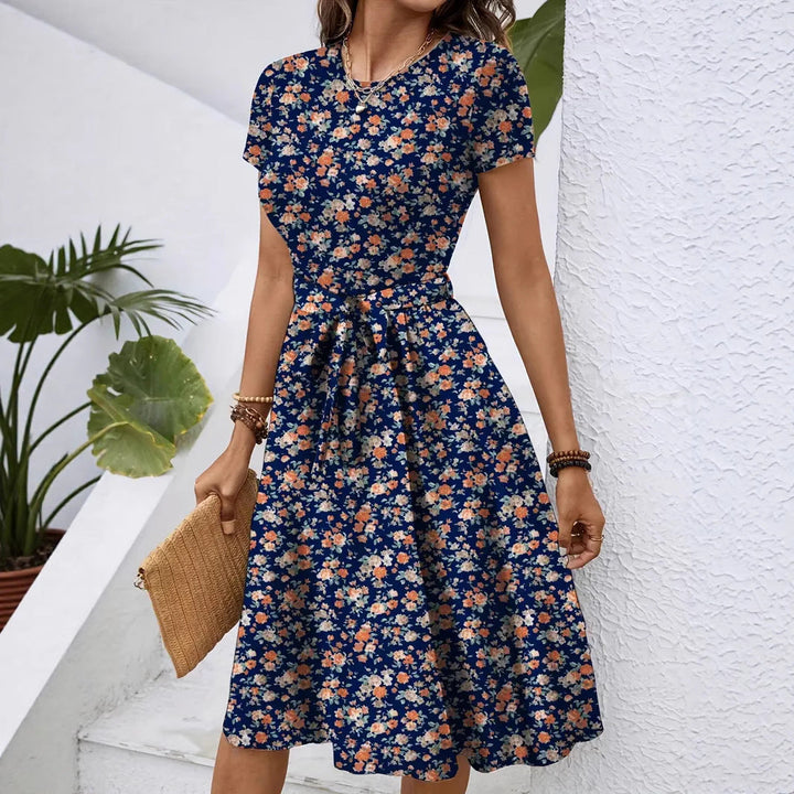 Damen Elegantes Midikleid mit floralem Design und Taillengürtel Drune