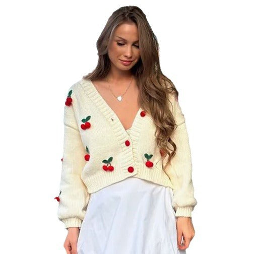 Damen Verspielter Strickcardigan mit Kirschapplikationen Drune