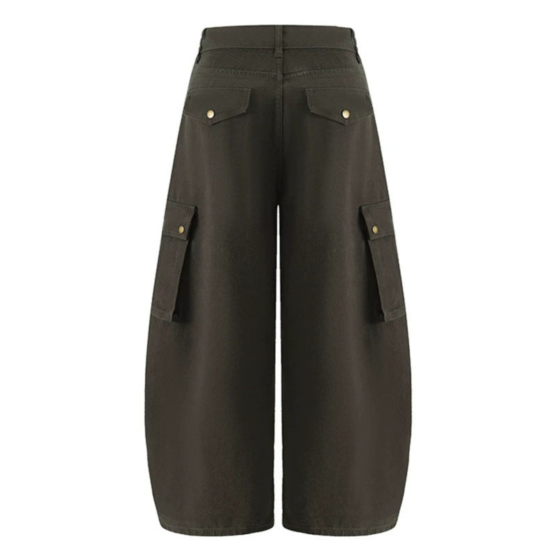 Damen Weite Cargo-Palazzo-Hose mit hohem Bund, Ballon-Saum und mehreren Klappentaschen Drune