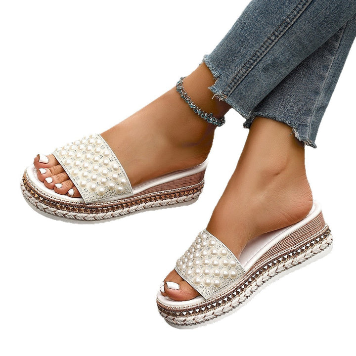Damen Elegante Wedge-Pantoletten mit Perlenverzierungen und rutschfester Sohle Drune
