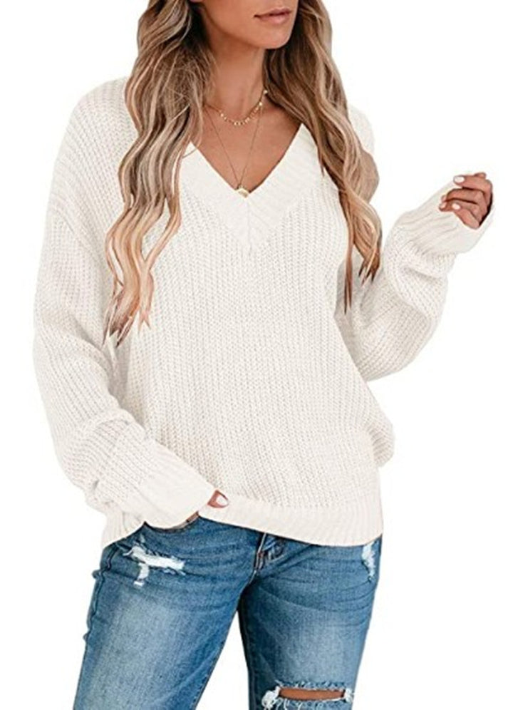 Damen Grobstrickpullover mit tiefem V-Ausschnitt und legeren Ärmeln Drune