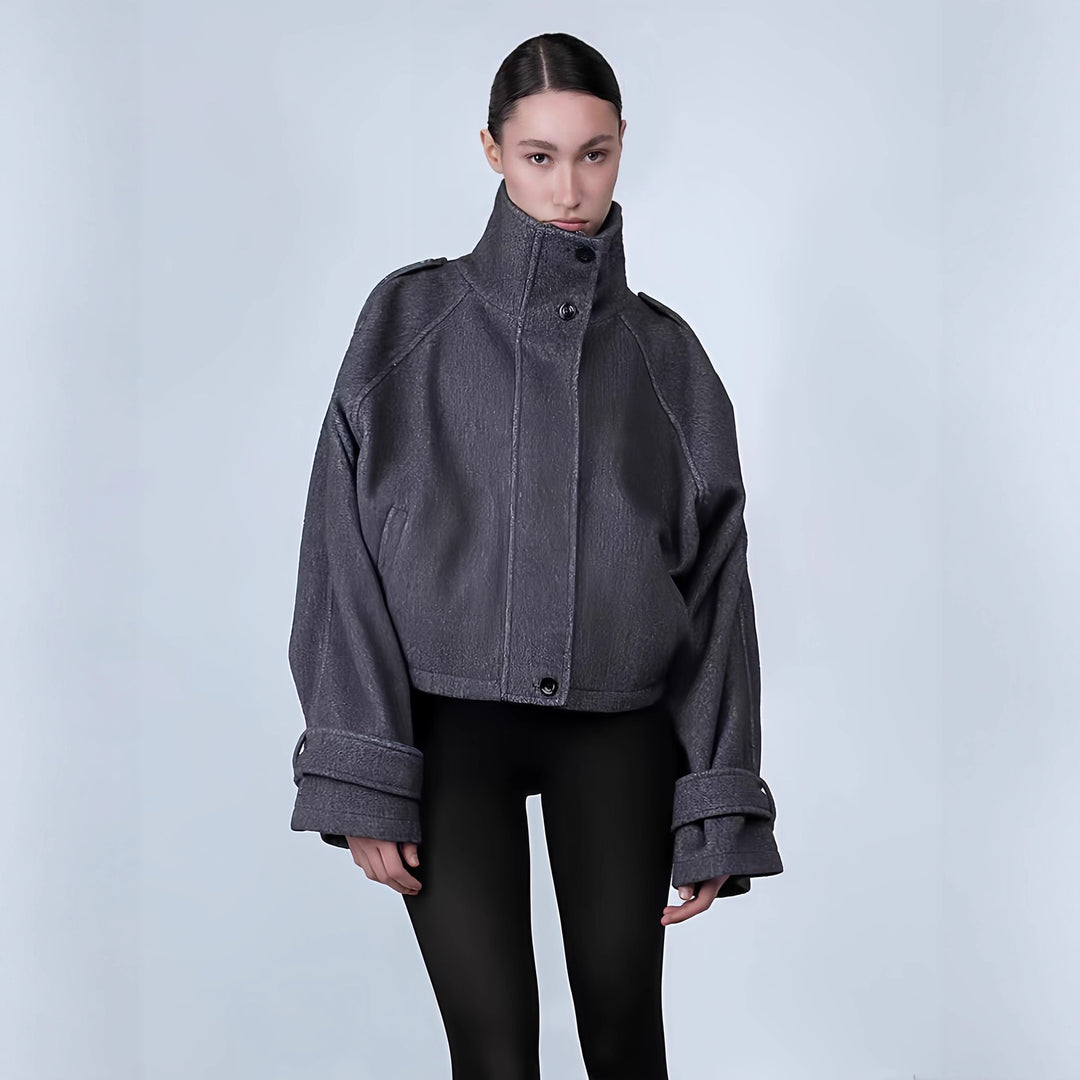 Damen oversized Cropped-Jacke mit hohem Kragen und ausgefallenem Ärmel Drune