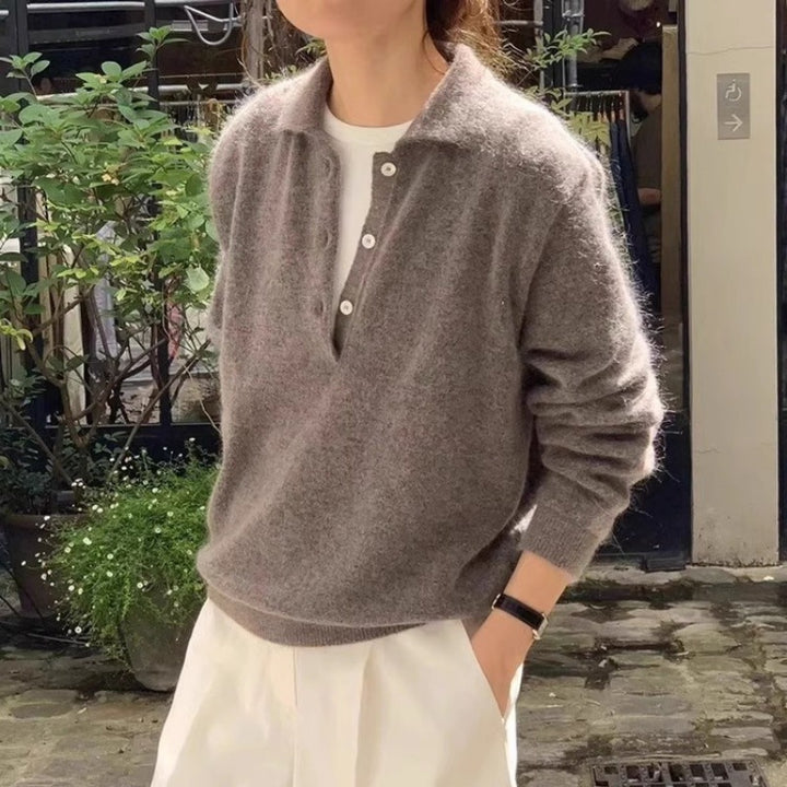 Damen Weicher Kapuzenpullover im Mohair‑Look mit tiefem V‑Ausschnitt und halber Knopfleiste Drune