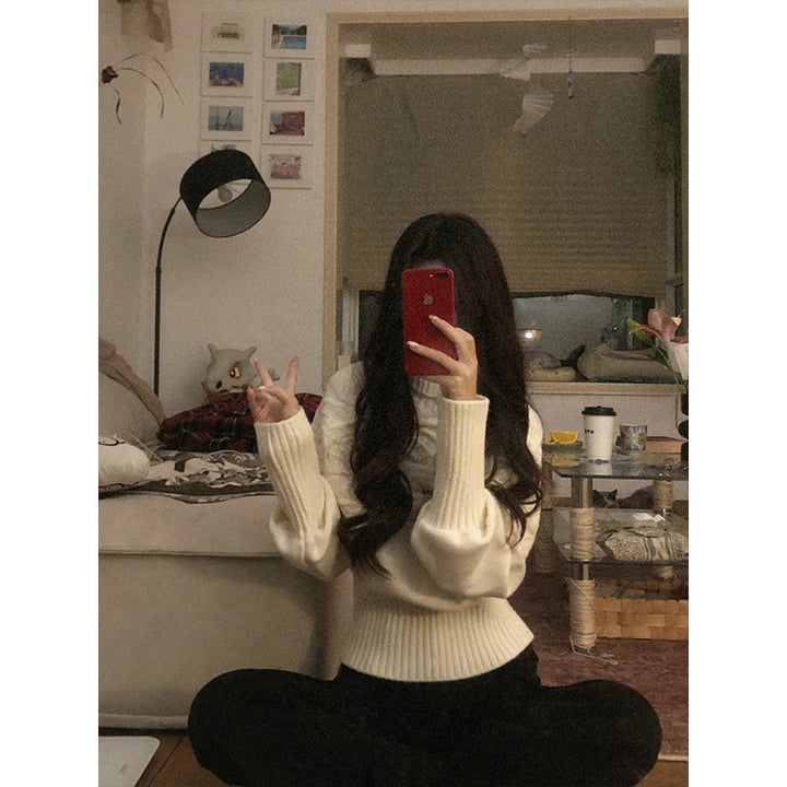 Damen Oversized Strickpullover mit hohem Kragen und strukturiertem Design Drune