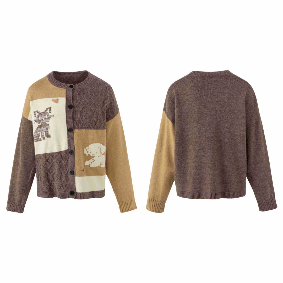 Damen Strickcardigan im Patchwork‑Look mit Zopfmuster und Rundhalsausschnitt Drune