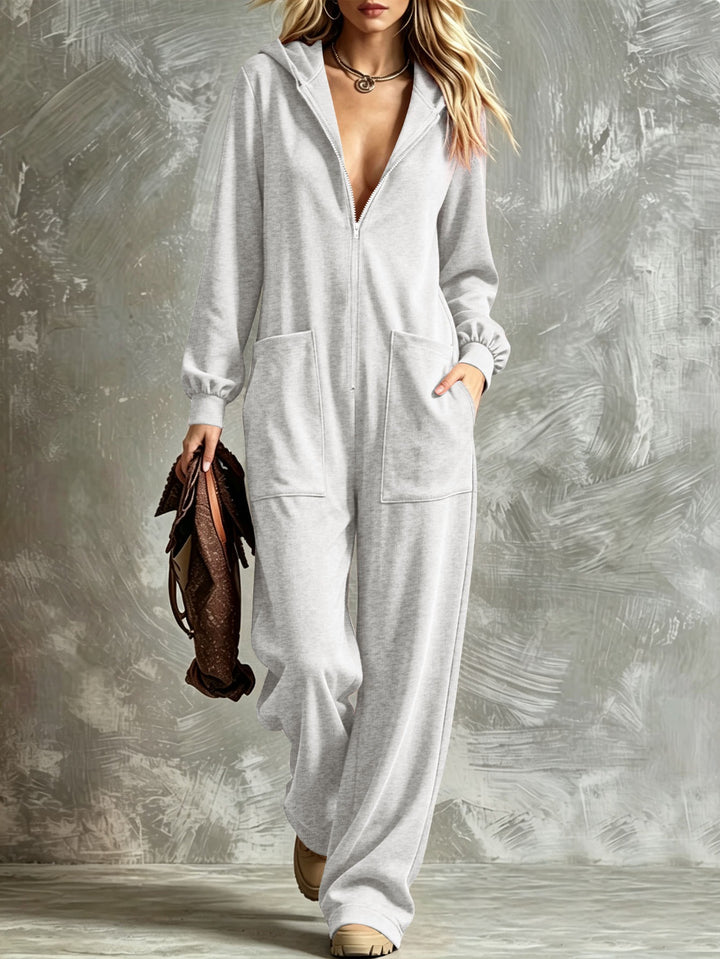 Damen Zip‑Hoodie‑Jumpsuit mit Kapuze, Kängurutaschen und weitem Bein Drune
