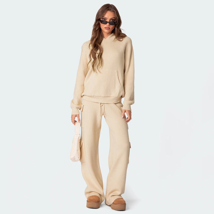 Damen geripptes Strick-Loungewear-Set mit Kapuzenpullover und Cargo-Hose Drune