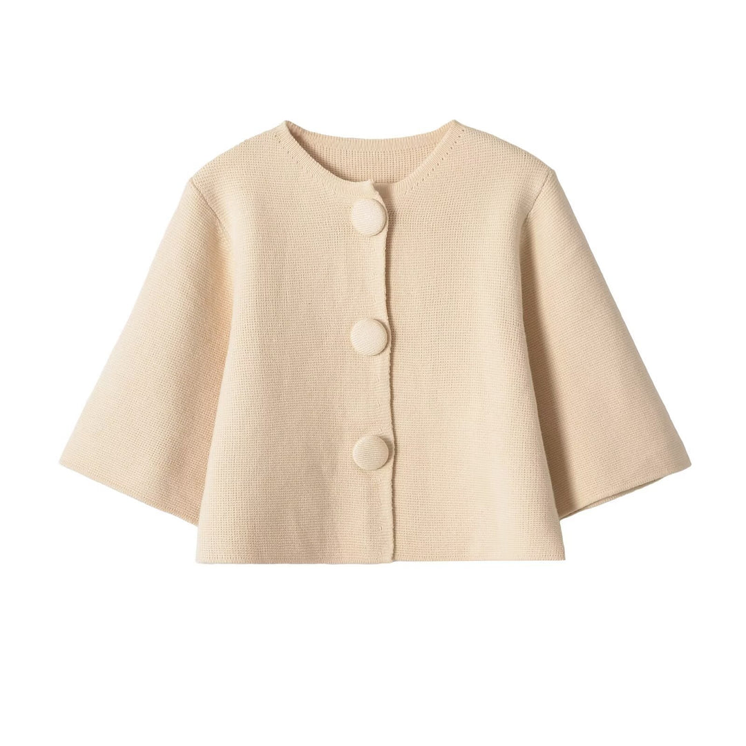 Damen Kurzcape-Strickjacke mit überschnittenen Ärmeln und bezogenen Zierknöpfen Drune