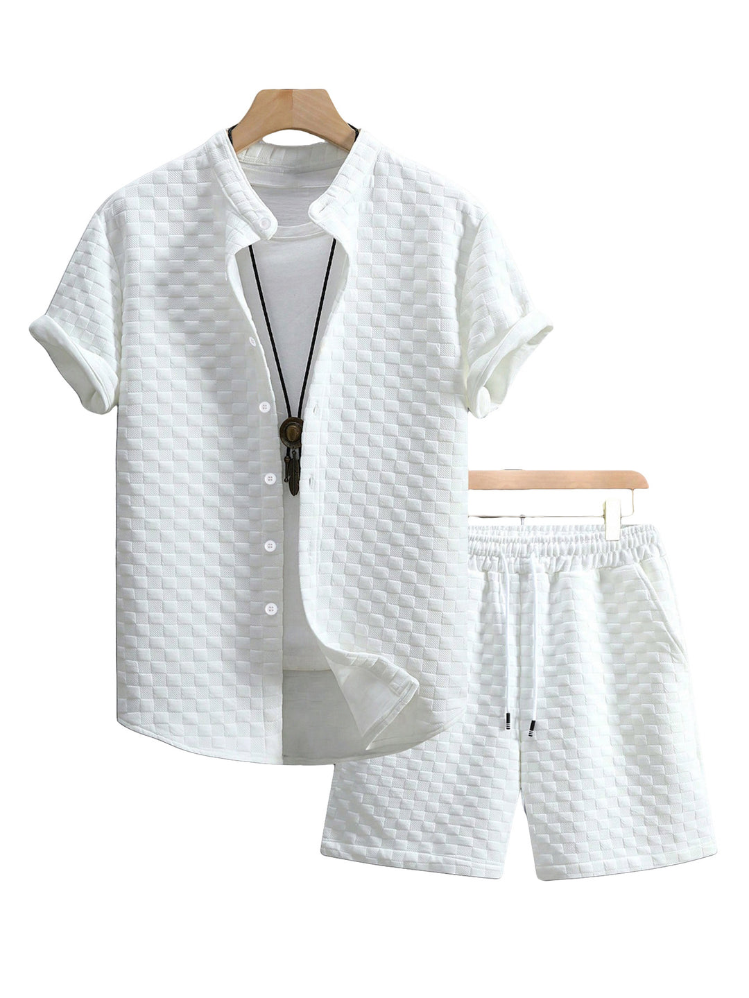Herren nan zweiteiliges Sommerensemble mit Stehkragen-Hemdjacke und elastischen Komfort-Shorts in geprägter Karo-Textur Drune