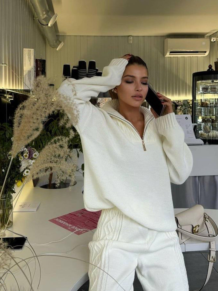Damen Strick-Relax-Set mit halbem Reißverschluss, Oversize-Pullover und hochtaillierter Zopfmuster-Hose Drune