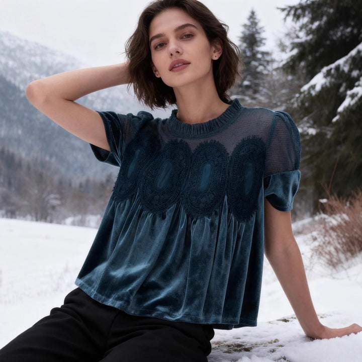 Damen Samtbluse mit Spitzenbesatz, transparentem Einsatz und geraffter A-Linie Drune