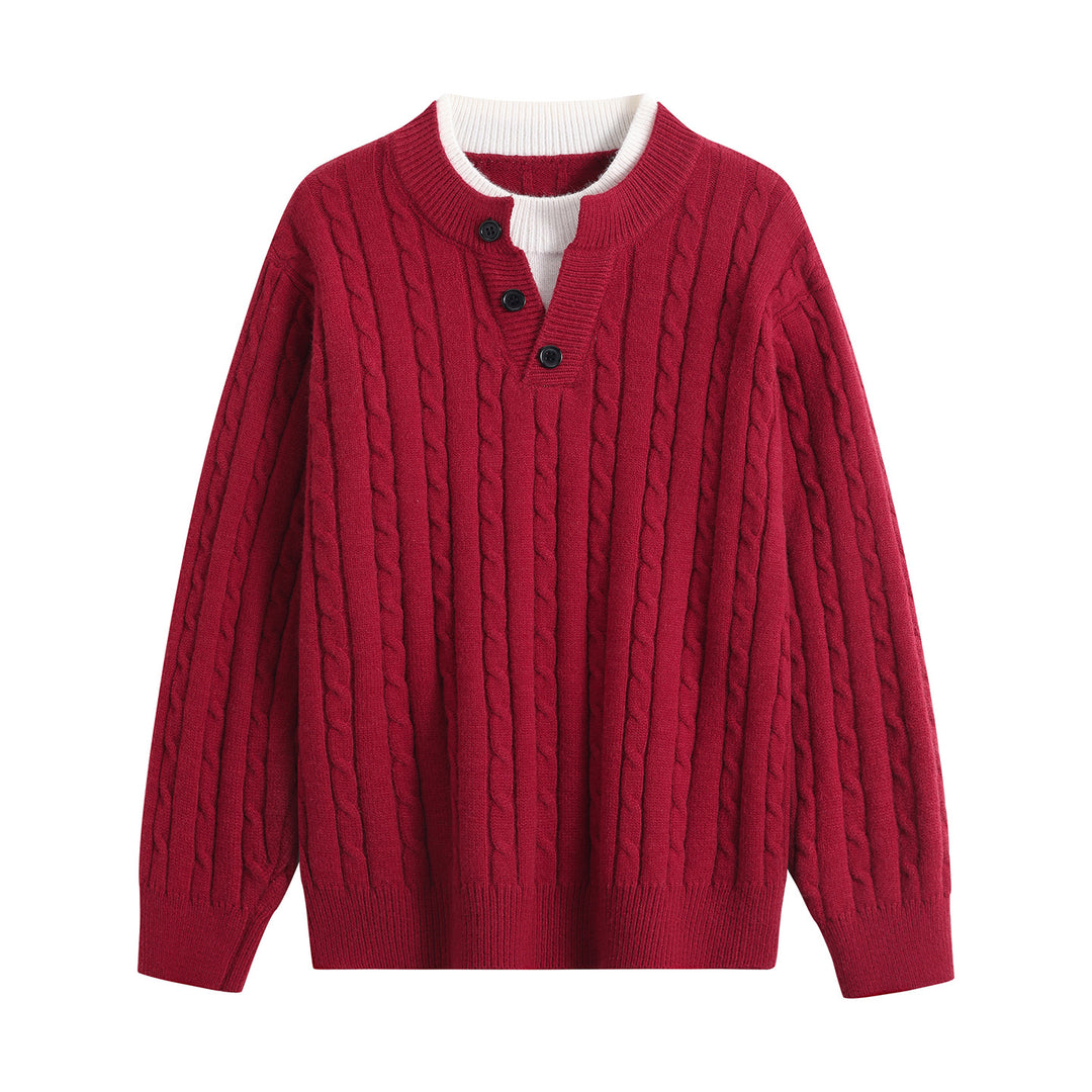 Damen Oversize Zopfstrick-Pullover mit Henley‑Kragen und Kontrastinnenkragen Drune