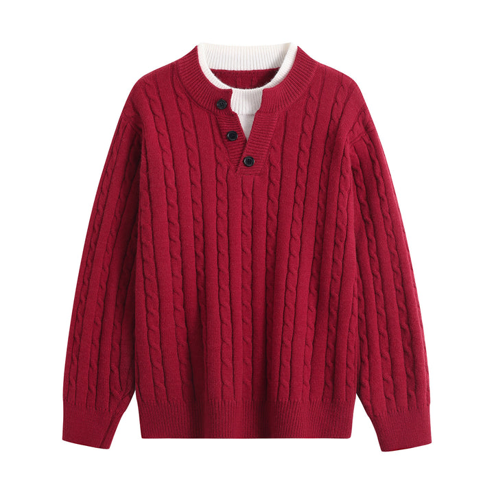 Damen Oversize Zopfstrick-Pullover mit Henley‑Kragen und Kontrastinnenkragen Drune