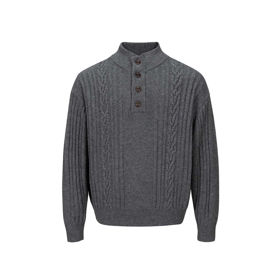 Herren Grobstrukturierter Strickpullover mit Stehkragen und Knopfleiste Drune