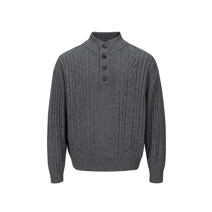 Herren Grobstrukturierter Strickpullover mit Stehkragen und Knopfleiste Drune