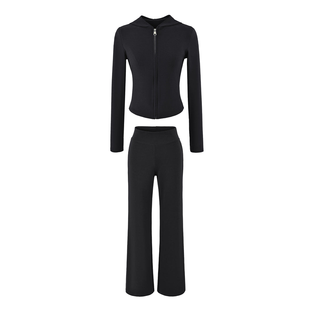 Damen Zweiteiliges Lounge-Set mit taillierter Reißverschluss-Kapuze und High‑Waist Bootcut‑Hose Drune