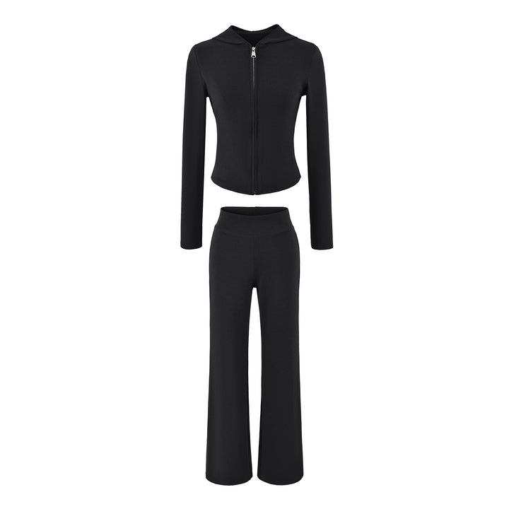 Damen Zweiteiliges Lounge-Set mit taillierter Reißverschluss-Kapuze und High‑Waist Bootcut‑Hose Drune