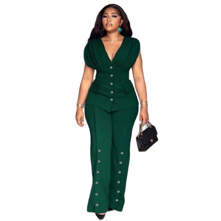 Damen Elegantes Jumpsuit mit drapiertem Oberteil und dekorativen Knöpfen Drune