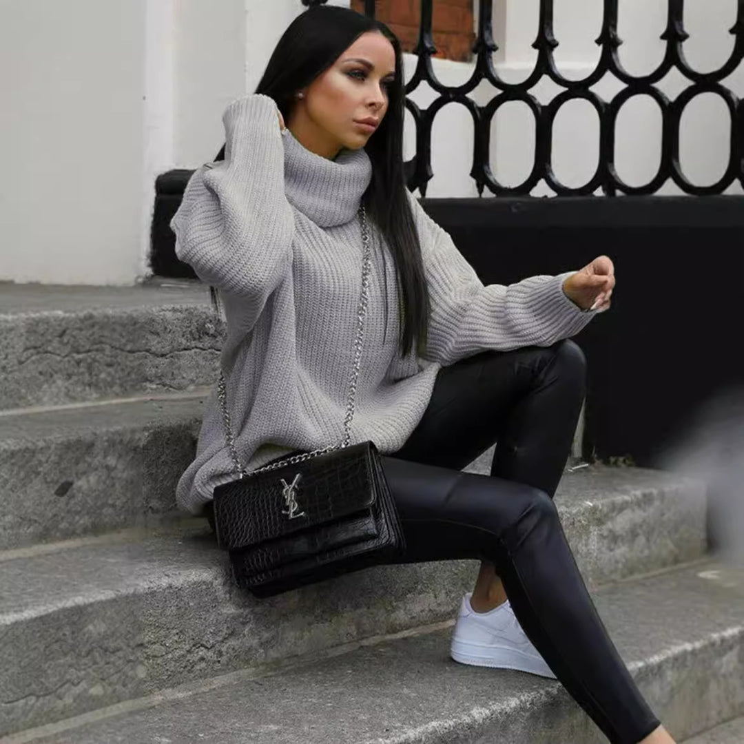 Damen Oversized Strickpullover mit hohem Kragen und modernem Schnitt Drune