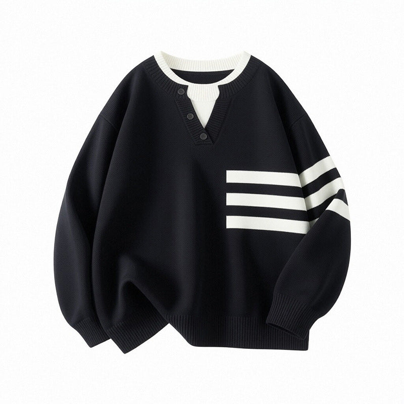 Damen Sportlicher Oversize Pullover mit Knopfleiste und Streifen Drune