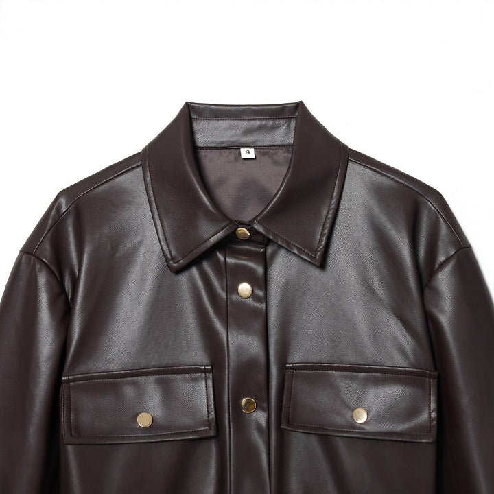 Damen nan taillierte Kunstleder-Hemdjacke mit Bindegürtel und Pattentaschen Drune