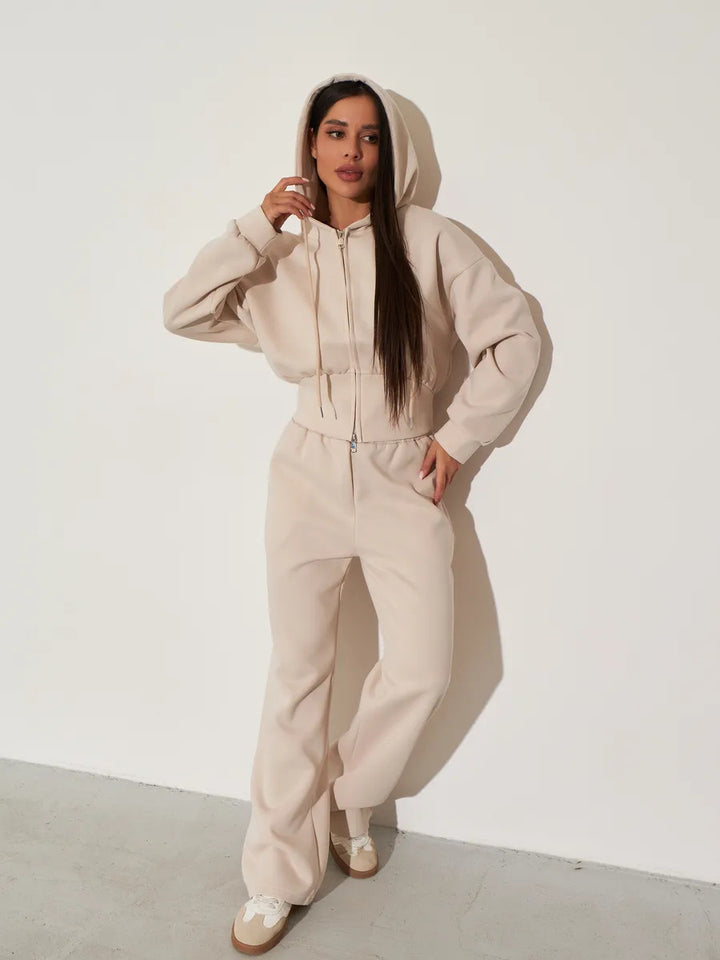 Damen kurzes Kapuzen-Zipshirt mit tailliertem Tunnelzug und weit geschnittene High-Waist-Loungehose Drune