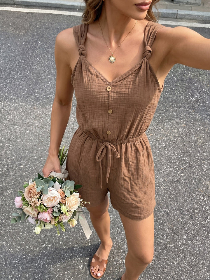 Damen lässiger Jumpsuit mit knöpfbarem V-Ausschnitt und elastischem Bund Drune