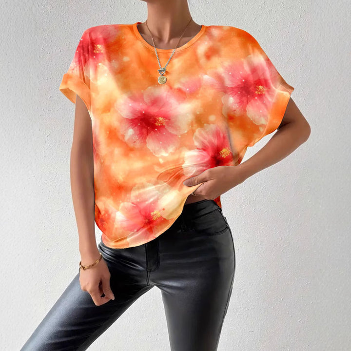 Damen nan lockeres Kurzblusen-Shirt in Seidenoptik mit Aquarellblütenprint und Umschlagärmeln Drune