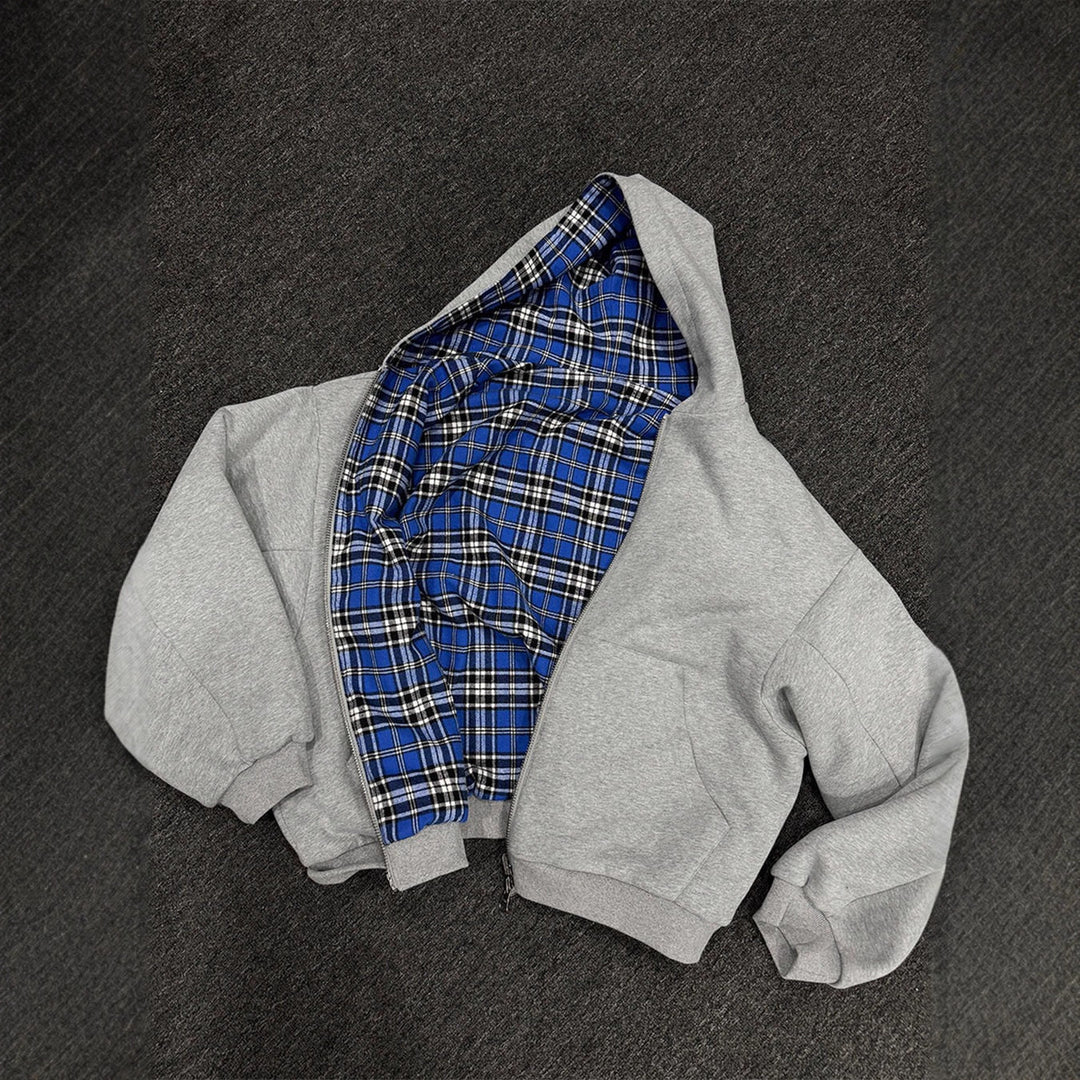 Herren gepolsterter Hoodie mit kariertem Futter und durchgehendem Reißverschluss Drune