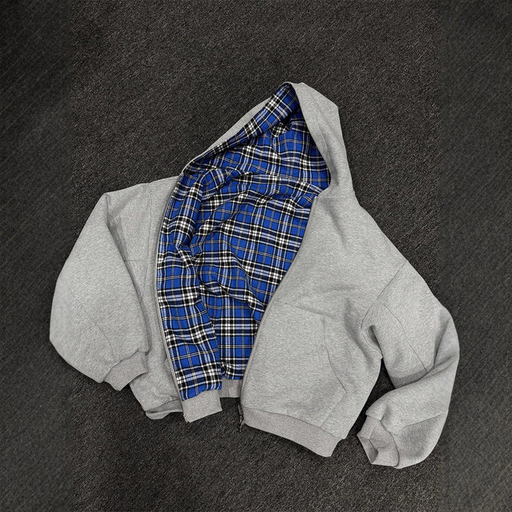 Herren gepolsterter Hoodie mit kariertem Futter und durchgehendem Reißverschluss Drune