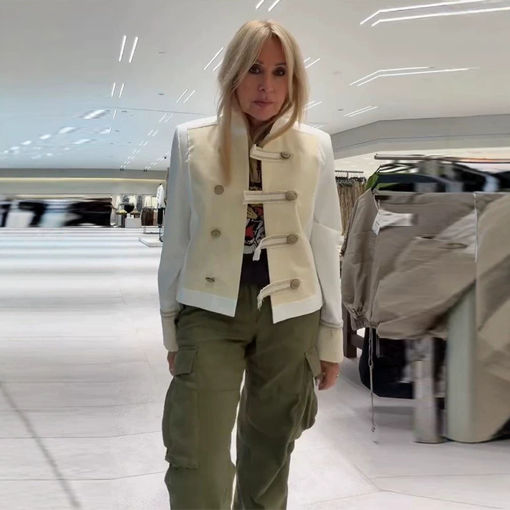 Damen Kurzjacke im militärisch inspirierten Satin‑Look mit Stehkragen Drune
