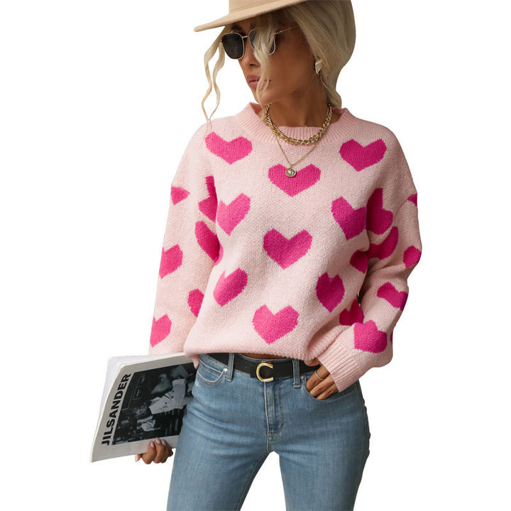 Damen Gemusterter Strickpullover mit Herzmotiven Drune