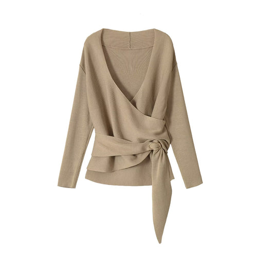Damen Wickel-Strickpullover mit V‑Ausschnitt und Ziergürtel Drune