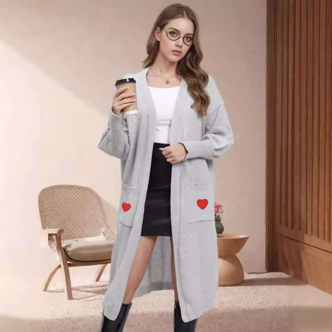 Damen Langarm-Strickjacke mit Herzen und offenen Taschen Drune
