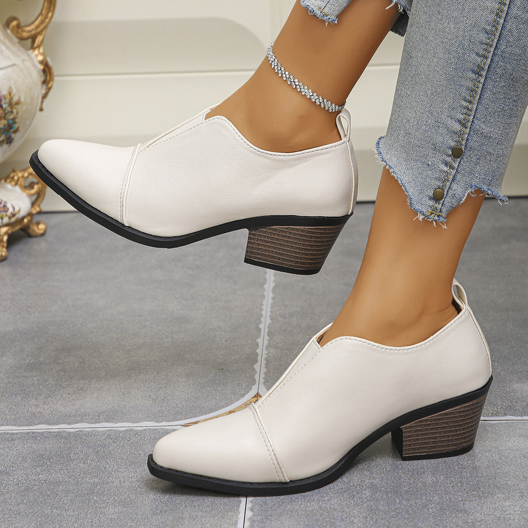 Damen Kurzschaft-Stiefeletten mit niedrigem Blockabsatz und spitzer Kappe Drune