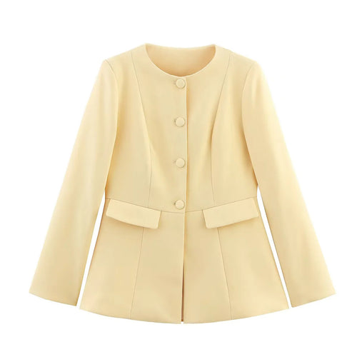 Damen nan taillierte Rundhals-Blazerjacke mit verdeckter Knopfleiste, Pattentaschen und figurformenden Teilungsnähten Drune