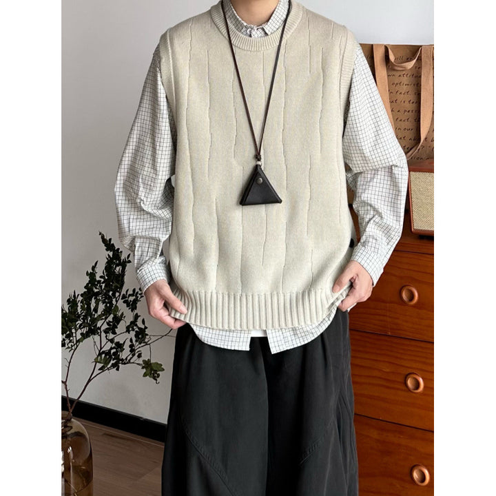 Herren Oversized Ärmellose Strickweste mit geripptem Saum und Rundhalsausschnitt Drune
