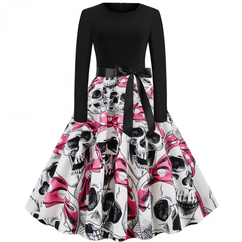 Damen Vintage Swingkleid mit Kürbisprint, langärmlig und taillierter Satinschleife Drune