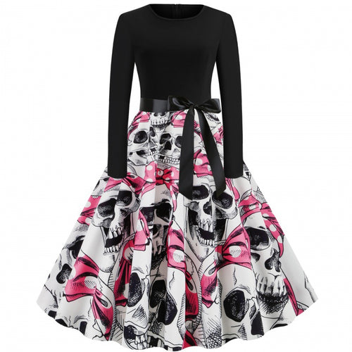 Damen Vintage Swingkleid mit Kürbisprint, langärmlig und taillierter Satinschleife Drune