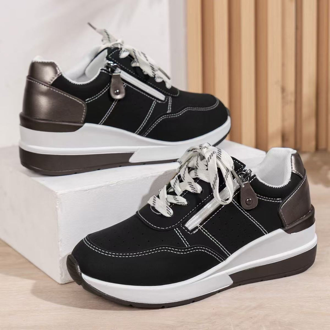 Damen sportive Plateau-Wedgesneaker mit seitlichem Zipper, perforiertem Nubuklook und dämpfender EVA-Sohle Drune