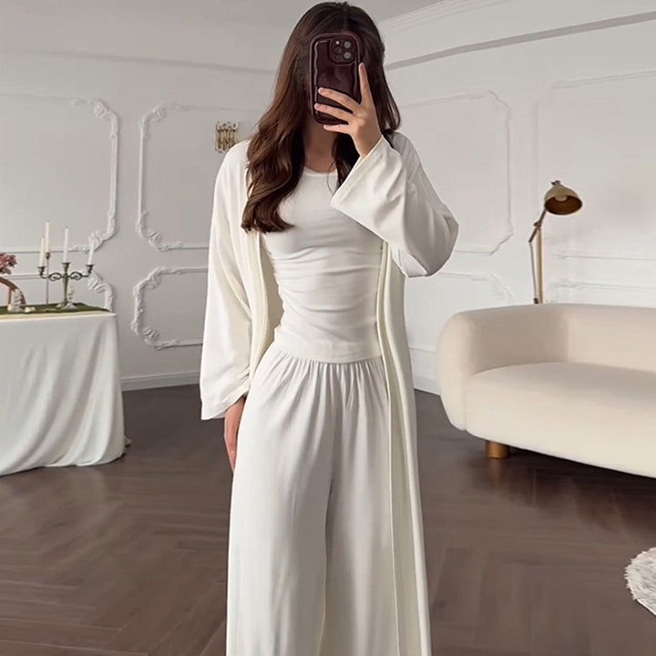 Damen Loungewear-Kombination aus langärmligem Oberteil und weiten Palazzo-Hosen Drune