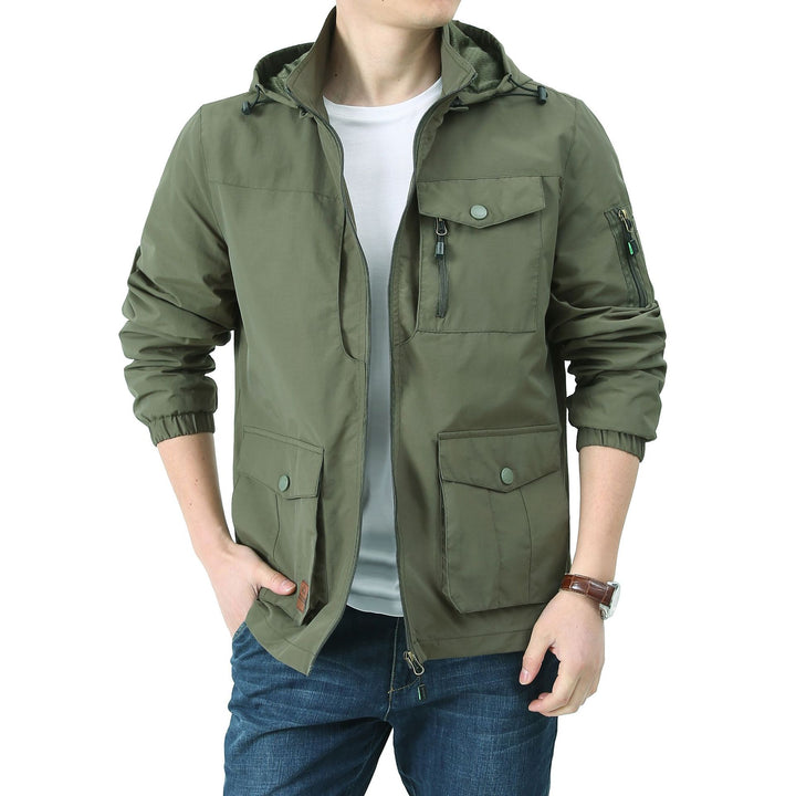 Herren  Kapuzen leichte Utility-Feldjacke mit Mehrfachtaschen, Reißverschluss und Druckknopfverschluss Drune