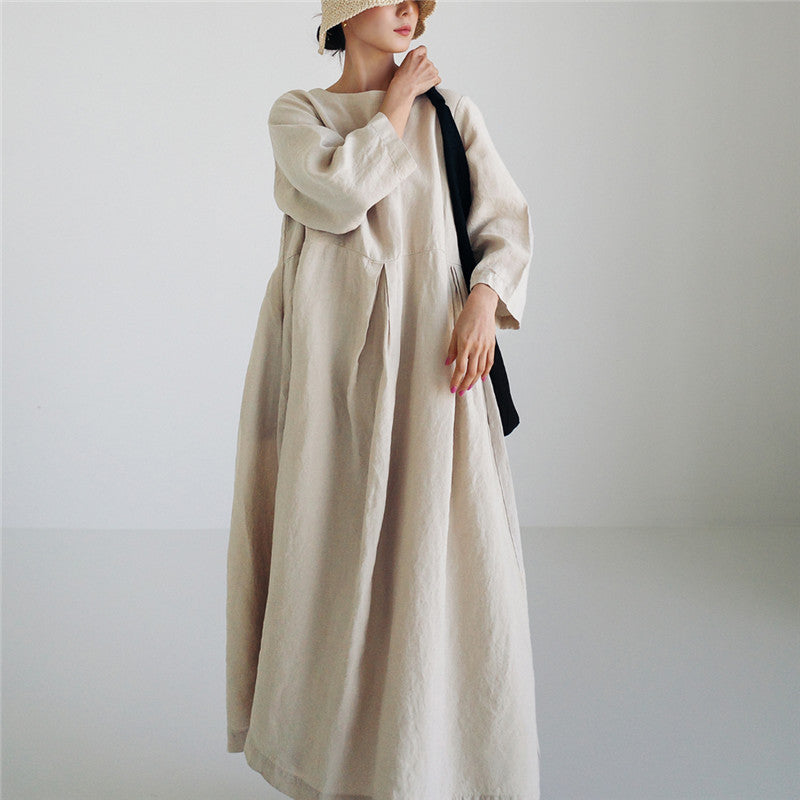 Damen Maxi-Kleid aus Leinen mit Teilnaht, sanften Faltenfall und Langarm Drune