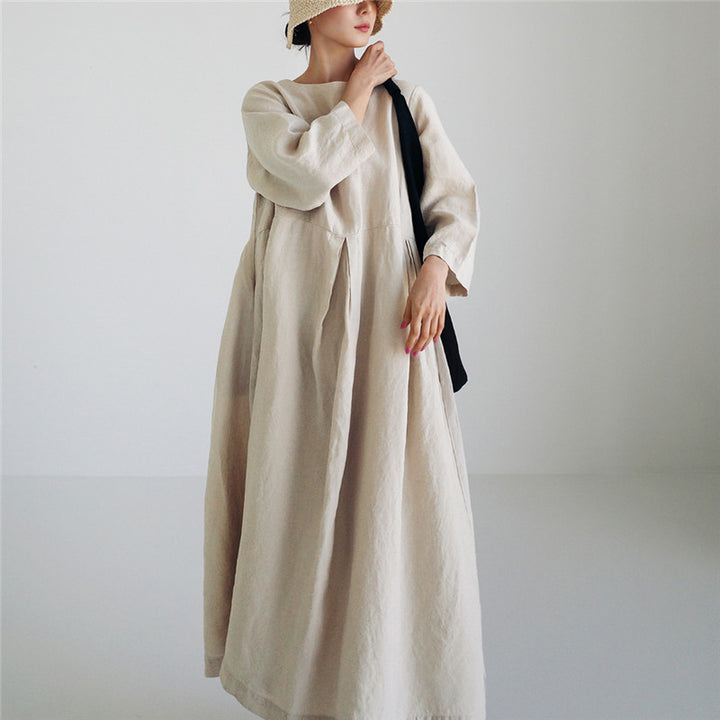 Damen Maxi-Kleid aus Leinen mit Teilnaht, sanften Faltenfall und Langarm Drune
