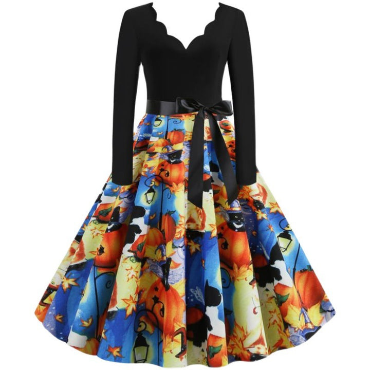 Damen Retro Swingkleid mit gewelltem Ausschnitt, langen Ärmeln und Halloween-Print Tellerrock Drune