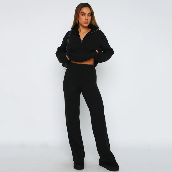 Damen Geripptes Strick-Lounge-Set mit halbem Reißverschluss und weiter Palazzohose Drune